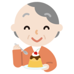 プリンを食べる高齢者の女性のイラスト