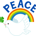 平和「PEACE」の文字と鳩、虹のイラスト