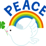 平和「PEACE」の文字と鳩、虹のイラスト