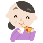 ピザを食べる中年の女性のイラスト