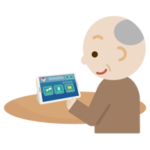 高齢者の男性がタブレット端末でアプリ画面を見るイラスト
