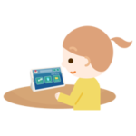 女の子がタブレット端末でアプリ画面を見るイラスト